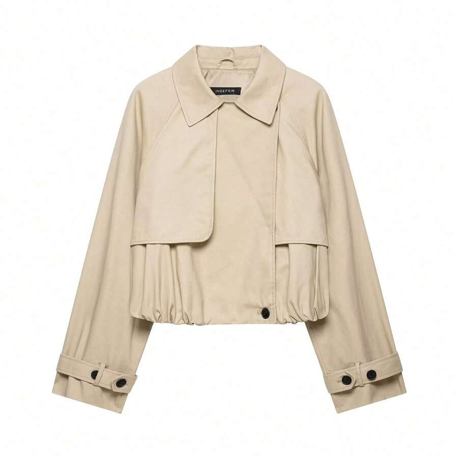 Camellia Autumn New Women's European And American Style Fashion Minimalist Versatile Puff Effect Short Jacket - Khaki - View 1