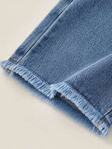 1pc Tween Girls Heart Embroidery Wide Leg Denim Jeans, Frayed Hem Double Button Design, Elastic Waist Casual Loose Straight Leg Long Pants - Medium Wash - View 6