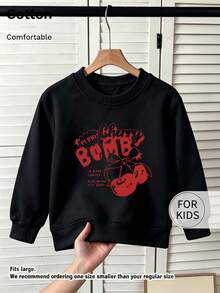 1pc Girls' Long-Sleeve Pullover Round-Neck Sweatshirt With American-Style Line Cherry Print - Black, Everyday Wear For Girls - Festive Gift - Black - View 2