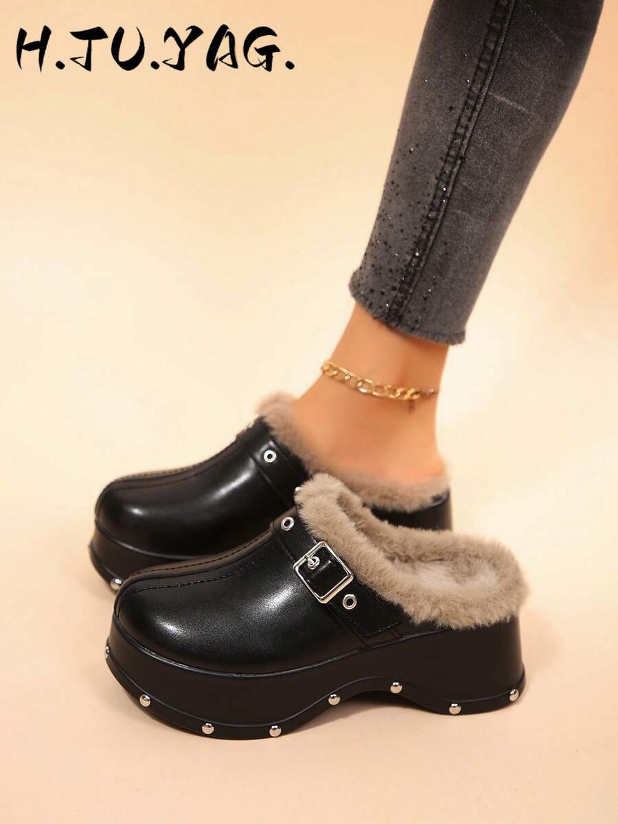 Women's Metal Square Buckle Rivet Thick Sole Mule Slippers, Closed Toe Backless Casual Slouchy Half-Slip-On Shoes - Black - View 1