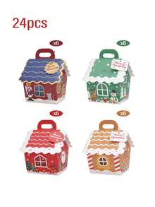 24Pcs Christmas House‑Shaped Gift Boxes, Xmas Candy Cookie Treat Boxes With Handle & Hang Tag, Winter Holiday Paper Goodie Containers For Party Favor Decoration - View 11