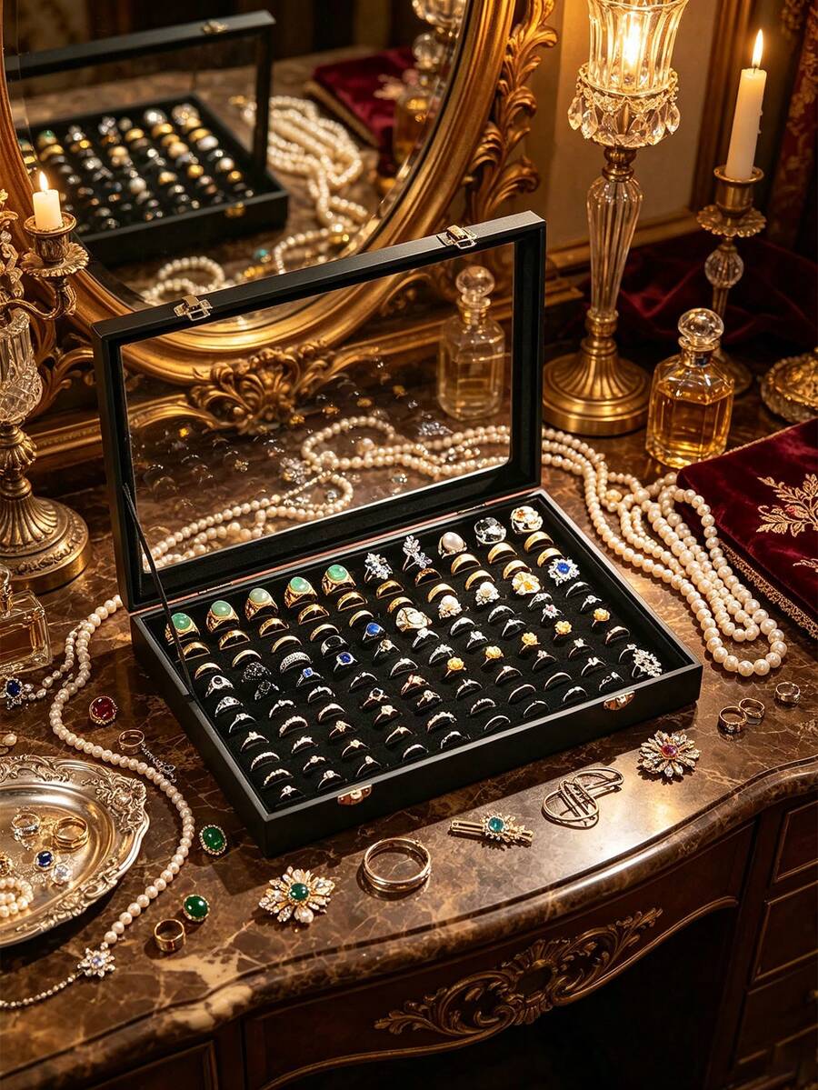 1pc 100-Slot Ring Display Box, Transparent Glass Lid, Ring Storage Box, Ring Holder, Suitable For Store Display, Home Jewelry Display, Ring Organizer, Earring Rack, Display Tray Ring Storage Box, Jewelry Display Box, Earring Necklace Storage - Multicolor - View 1