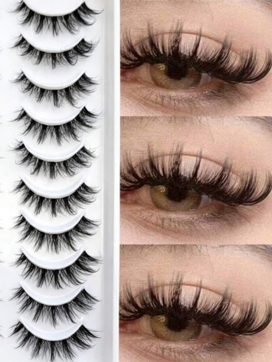 10 Pairs Fox Eye Full‑Strip False Eyelashes, Flared Winged Corner Lashes Thick End‑Extended Cat Eye Design For Eye Lash Extension Daily Party Women Makeup - Black - View 1