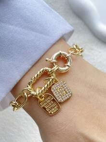 1PC Luxury Screw Buckle A-Z Initial Letter Bracelet,Double Colorful Climbing Chain,Double Buckle Letter Double Chain,For Celebrating Holiday Daily - Yellow Gold - View 27