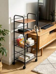 4‑Tier Rolling Storage Cart, Metal‑Wood Slim Organizer With Lockable Wheels & Wire Baskets, Mobile Storage Rack For Bathroom, Laundry, Kitchen Narrow Corner, Perfect For Home Users Storing Towels, Toiletries & Cleaning Supplies - Multicolor - View 5