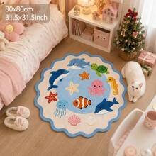 1pc New Velvet Wavy Edge Ocean Animal Round Rug, Dolphin Octopus Sea Turtle Cartoon Print Floor Mat, Living Room Bedroom Atmosphere Decor Foot Mat, Skin-Friendly Machine Washable Home Rug, Suitable For Bedroom Bedside And Bay Window, Create Warm Healing Home Decor Atmosphere, Decorative Rug, Bedroom Decor, Small Rug, Rug, Home Decor, Living Room Rug, Living Room Small Rug, Bedroom Rug, Living Room Home Decor, Outdoor Rug, Washable Rug - Multicolor - View 5
