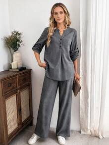 Women'S Casual Grey Striped Fall Cotton Two‑Piece Outfit, Notch‑V Roll‑Sleeve Top & Wide‑Leg Pants For Commute Casual Outfits, Elitara - Grey - View 5