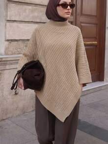 Women's Mock Neck Knitted Shawl - Apricot - View 6