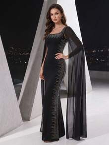 YISIKADO Rhinestone Embellished Elegant Fitted Chiffon Square Neck Split Sleeve Long Dress For Women Wedding Guest Party - Black - View 5