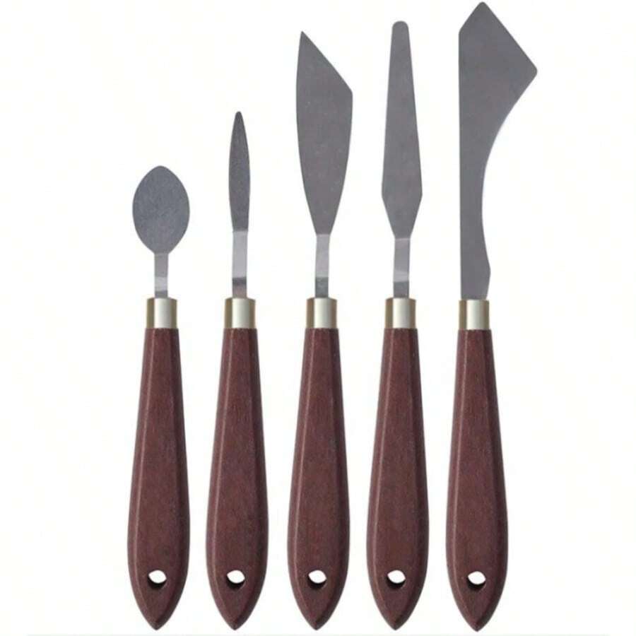 Set Pisau Palet 5 Buah, Kit Spatula Lukis Gagang Kayu dan Baja Tahan Karat, Alat Pengikis Seni Multi-Bentuk untuk Lukisan Minyak dan Pencampuran Cat Akrilik - Set - View 1