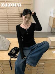 2026 Spring Women's Riveted V-Neck Long Sleeve T-Shirt, Slim Fit Layering Top Casual Black - Black - View 6