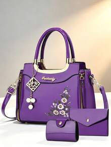 Women 3‑Piece Floral Embroidered Handbag Set, Patent Leather Top‑Handle Satchel Crossbody Bag With Purse & Card Holder - Violet Purple - View 9