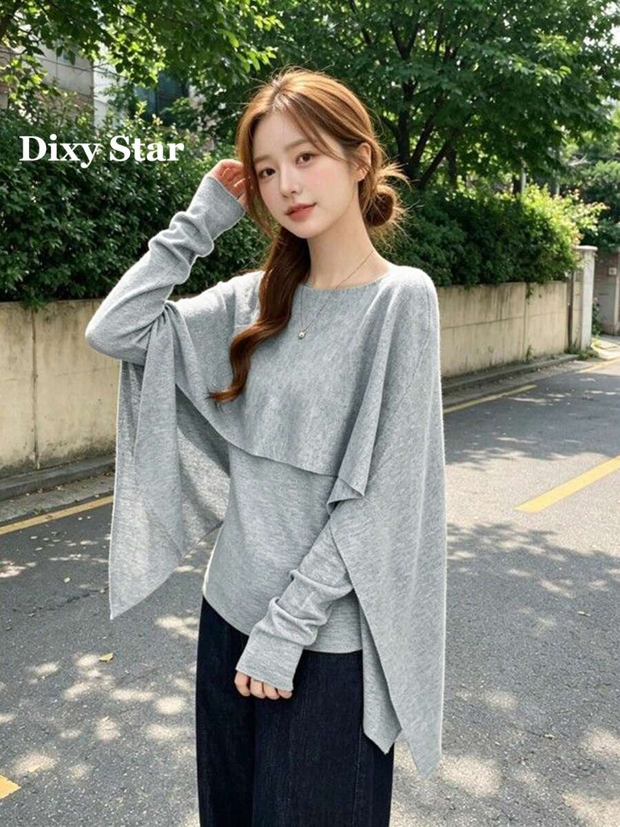 Baju Rajut 2-in-1 Model Jubah Musim Gugur/Dingin Wanita, Atasan Lapisan Dasar Lengan Panjang yang Unik, Serbaguna, dan Melangsingkan - Grey - View 1