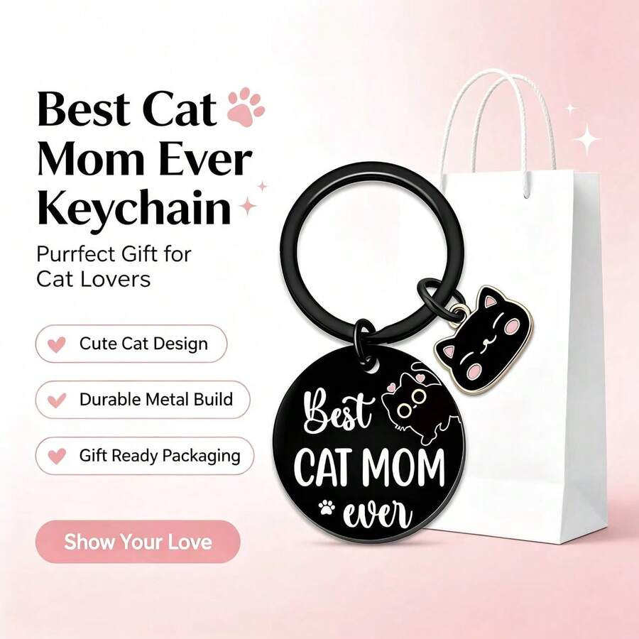 Cat Lover Gift | Stainless Steel Keychain, "Best Cat Mom Ever" Engraved Black Round Pendant With Cute Cat Charm, Meaningful Birthday Holiday Gift, Gift For Cat Mom, Gift For Cat Lovers, Comes With Mesh Gift Bag - Cat Mom Gift - View 1
