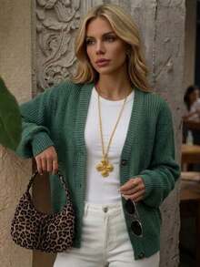 Women's Long Sleeve Solid Color Casual Loose Daily Minimalist Knit Cardigan Sweater - Green - View 1