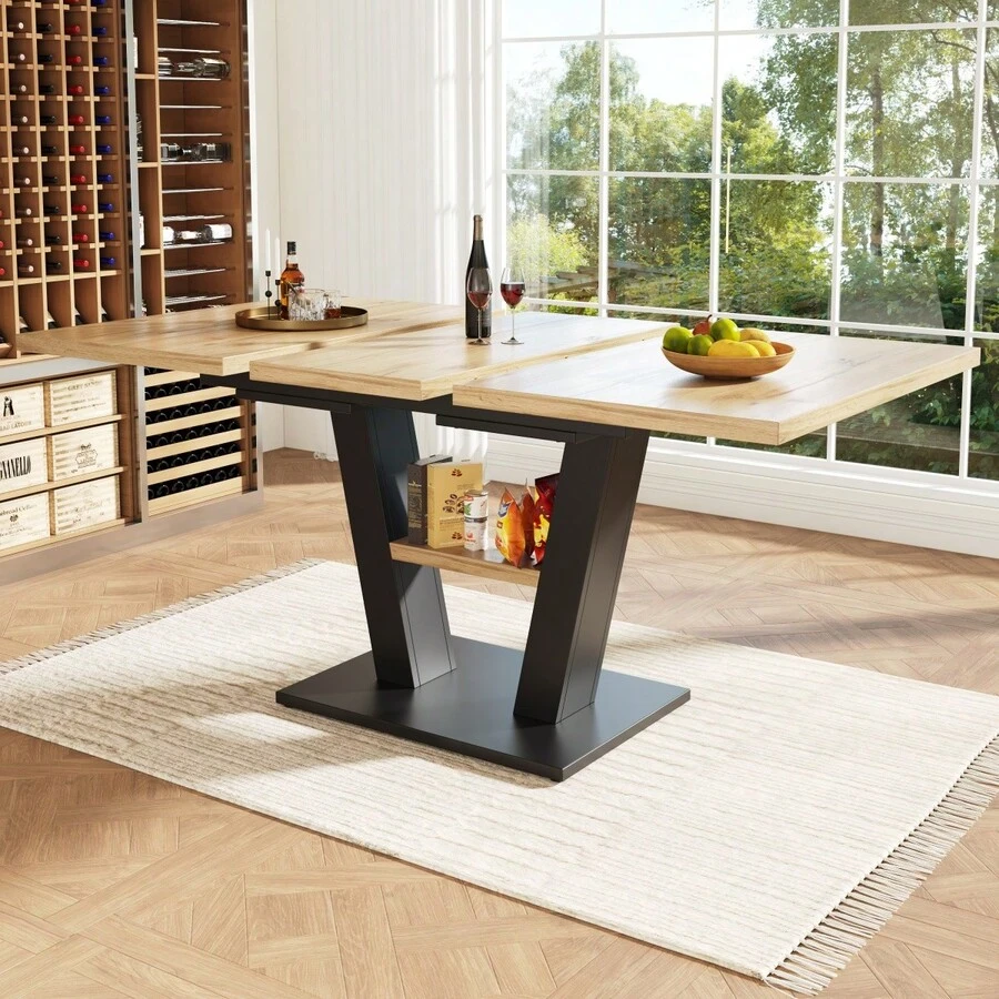 Dining Table Telescopic Table (120-160*75cm), Extendable Table, Extendable To 120-160cm With Aid Of Internal Insert Panels, Kitchen And Living Room, Dining Table With Black Marble Pattern - Black+Natural + MDF - View 1