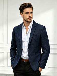 Men's Classic Minimalist Business Suit Jacket, Daily Commute, Casual Entertainment Versatile Plaid Blazer Top - Navy Blue - View 1