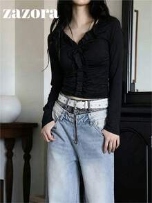 Korean Style Niche Exquisite 3D Ruffle Trim Long Sleeve T-Shirt For Women, Unique Inner Layer Top - Black - View 7