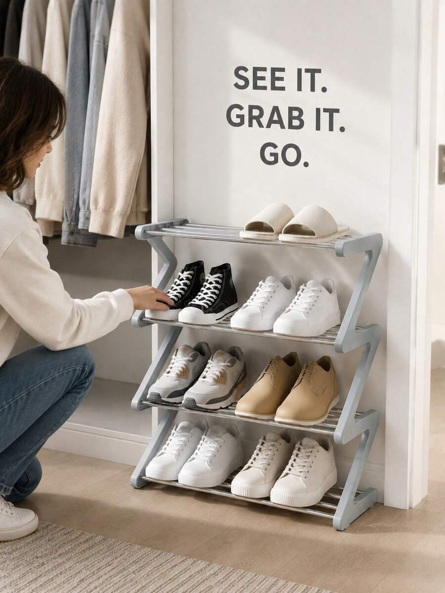 1pc Z-Shaped 4-Tier Shoe Rack, Metal Tube Shoe Storage Rack, Space-Saving Multi-Layer Shoe Organizer, Sturdy Open Shoe Rack, Compact Shoe Storage Rack, Suitable For Entryway, Closet, Bedroom Home Storage - Multicolor - View 1
