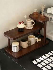 1pc Walnut Wood Desktop Storage Rack, Vintage 3-Tier Display Shelf, Multi-Layer Storage, Kitchen Spice Rack, Lacquered Finish, Retro Texture, Suitable For Displaying And Storing Cups, Mugs, Spice Bottles, Cosmetics, Perfumes And Decorative Items - Walnut - View 5