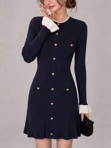 Women's Elegant Commuter Contrast Cuff Front Button Slim Fit Knit Dress - Black - View 3