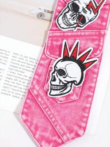 1pc Y2K Punk Rock Style Tie, Pink Denim Tie With Skull Patch, Gothic Halloween Unisex Cosplay Tie - Hot Pink - View 4