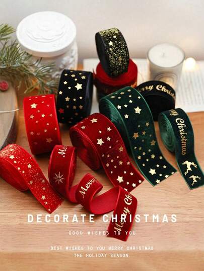 Cinta de Terciopelo Metálico Navideña con Letras Feliz Navidad Patrón de Ciervo y Estrella 2.18 Yardas Suministros para Envolver Regalos Decoración de Árbol de Navidad Suministros para Coronas Hechas a Mano Accesorios de Decoración para Fiestas en el Hogar