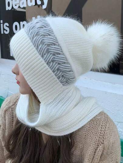 1pc Soft Knit Hat Neck Warmer Integrated Headwear, Women's Outdoor Large Faux Fur Pom Ear Protector Windproof Warm Scarf, Autumn/Winter Daily Wear Warm Style