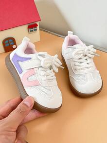 Toddler Mesh German Training Shoes With Color Block Decor, Hook & Loop Closure, Breathable Soft Sole, Non-Slip, Preschool Entry Shoes - Pink - View 5