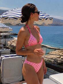 HOTTIE HABIT Pink Polka Dot Halter Triangle Bikini Set, Ruched Bust Adjustable Tie High Cut Sexy Two Pieces Swimsuit, Suitable For Summer Beach Pool Vacation - Pink - View 3