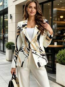 HOMEYEE Elegant Women's Knitted Long Sleeve Regular Blazer, Abstract Gold Print, Suitable For Autumn And Luxury Outfits - White - View 3