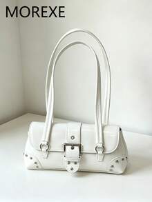 Women's Shoulder Bag, Fashion Studded Motorcycle Bag, Gold Street Style Versatile Underarm Bag, Baguette Bag - White - View 2