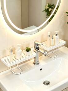 1pc Bathroom Faucet Storage Rack, No‑Drill Wall‑Mounted Squishy‑Textured Organizer, Multi‑Color Simple Solid Pattern Plastic Material, All‑Season Minimalist Style For Adults, Vanity Sink Washroom Countertop Bathroom Household Occasion Christmas - Multicolor - View 9