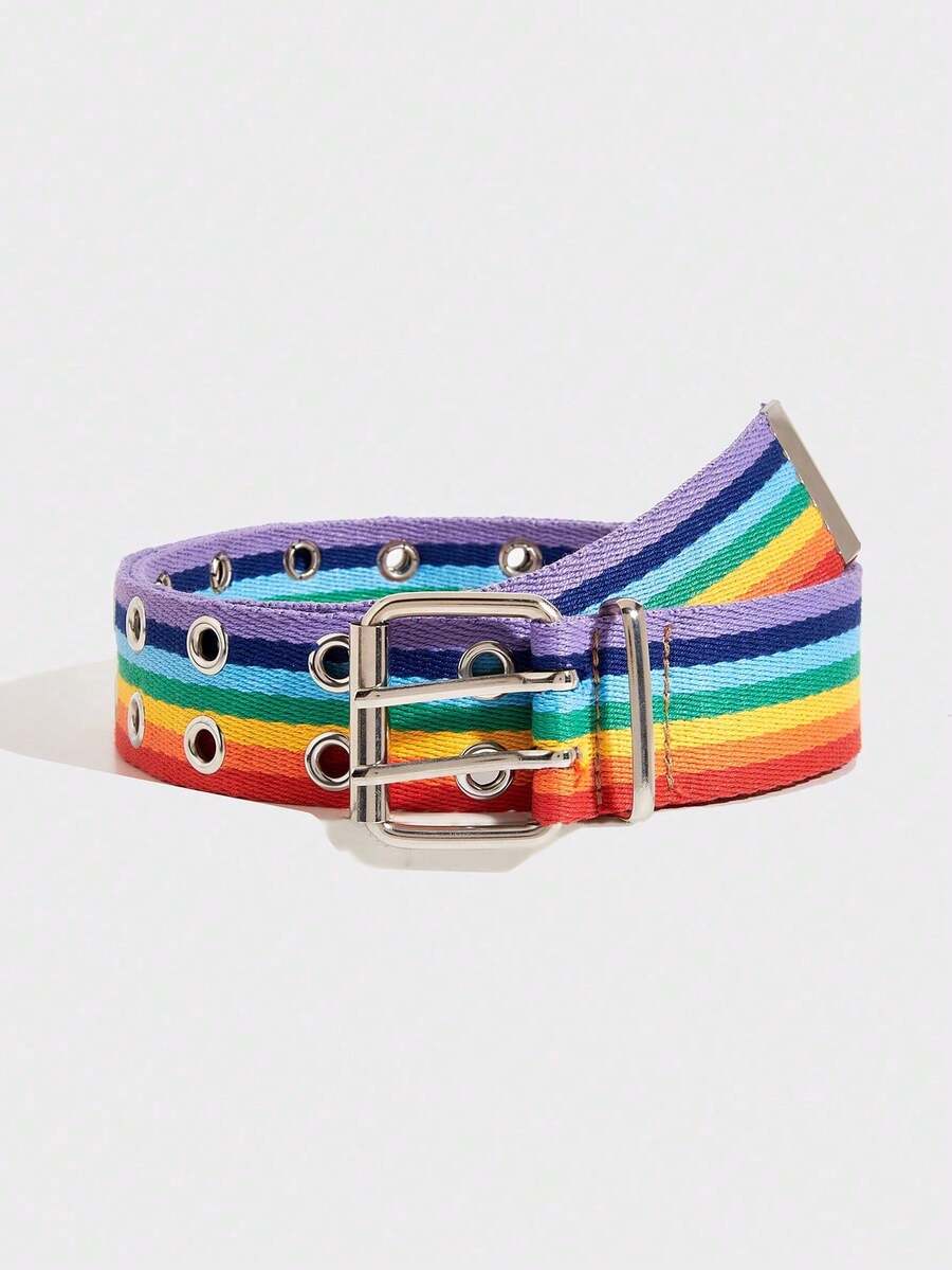 1pc Girls Rainbow Canvas Woven Belt, Cute Western Boho Punk Street Style Double-Row Eyelet Hollow Rainbow Belt, Y2K Belt For Girl, Matches Jeans And Dresses, Suitable For Parties, Music Festivals, School And Commuting - Multicolor - View 1