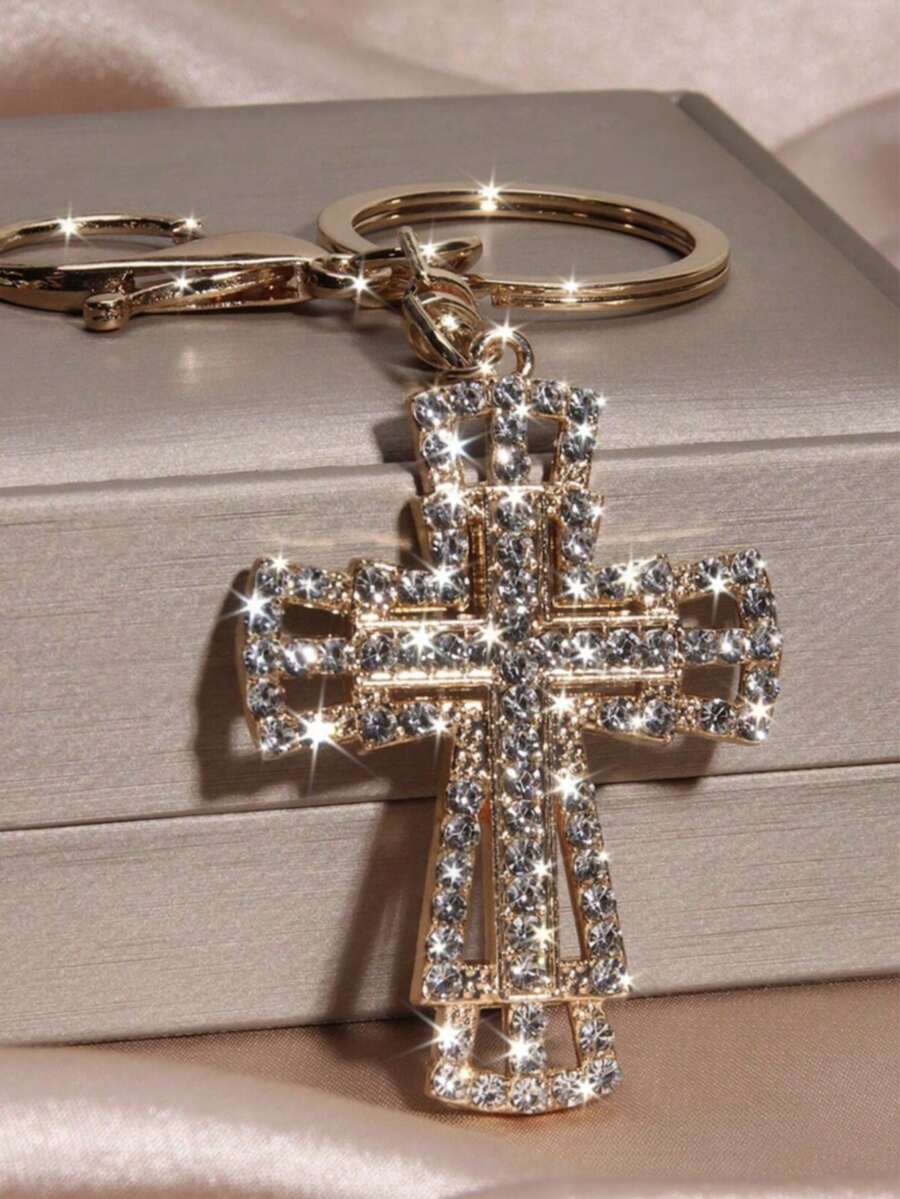 Street Style Crystal Rhinestone Hollow Cross Car Keychain Metal Cute Women Bag Charm Key Chain Ring Creative Cross-Border Gift Unisex All Seasons - Gold - View 1