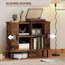 Mid-Modern Sideboard Storage Cabinet With Slatted Tambour Sliding, Kitchen Cabinet With Steel, On-Site - Rustic Brown + Engineered Wood - View 5