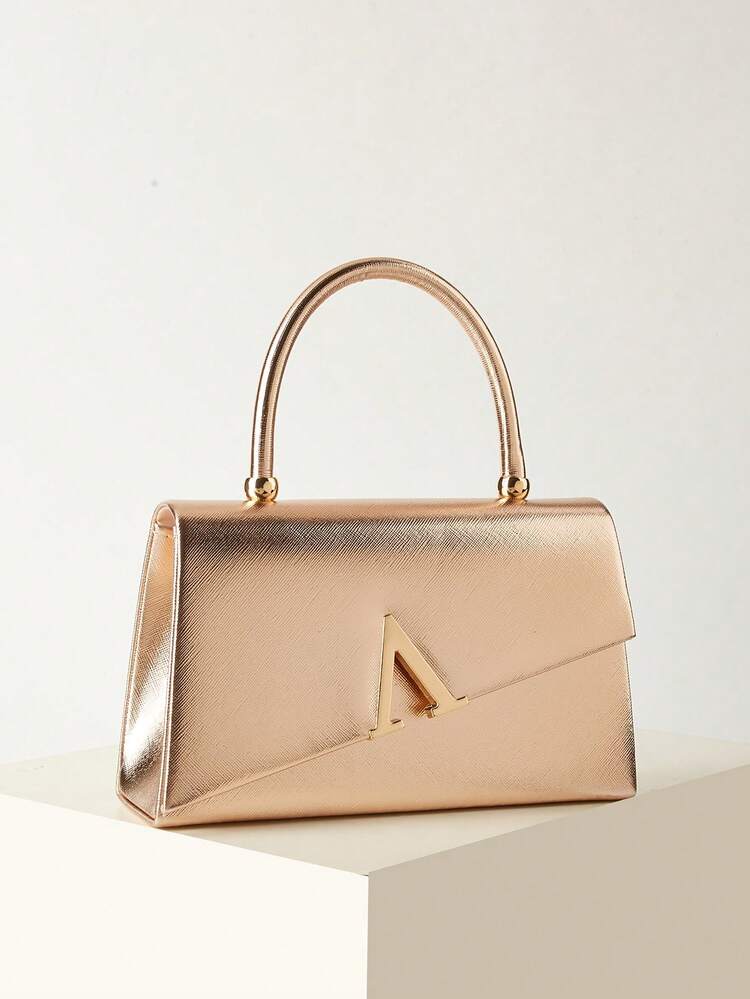 REMANLAND Elegant And Exquisite PU Handbag With V-Shaped Metal Decoration, Fashionable High-End Texture, 3D Metal Details And Envelope-Style Flap Design. It Is The Perfect Gift For Women. - Champagne - View 3