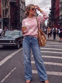 Women's Pink Round Neck White Abstract Print Loose Knit Sweater, Long Sleeve Ribbed Hem Pullover, Sweet Girl Y2K Style Vacation - Pink - View 9