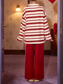 Gongdie 2 Pieces Miffy Christmas Women's Matching Pajama Set Couple,Fall Red Striped Soft Cotton Loungewear With Scalloped V-Neckline And Pocket - Red - View 7