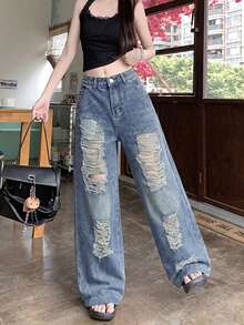 Celana Jeans Denim Vintage Rusak, Celana Panjang Model Slimming Longgar Lurus Lebar Kasual Musim Gugur - Medium Wash - View 2