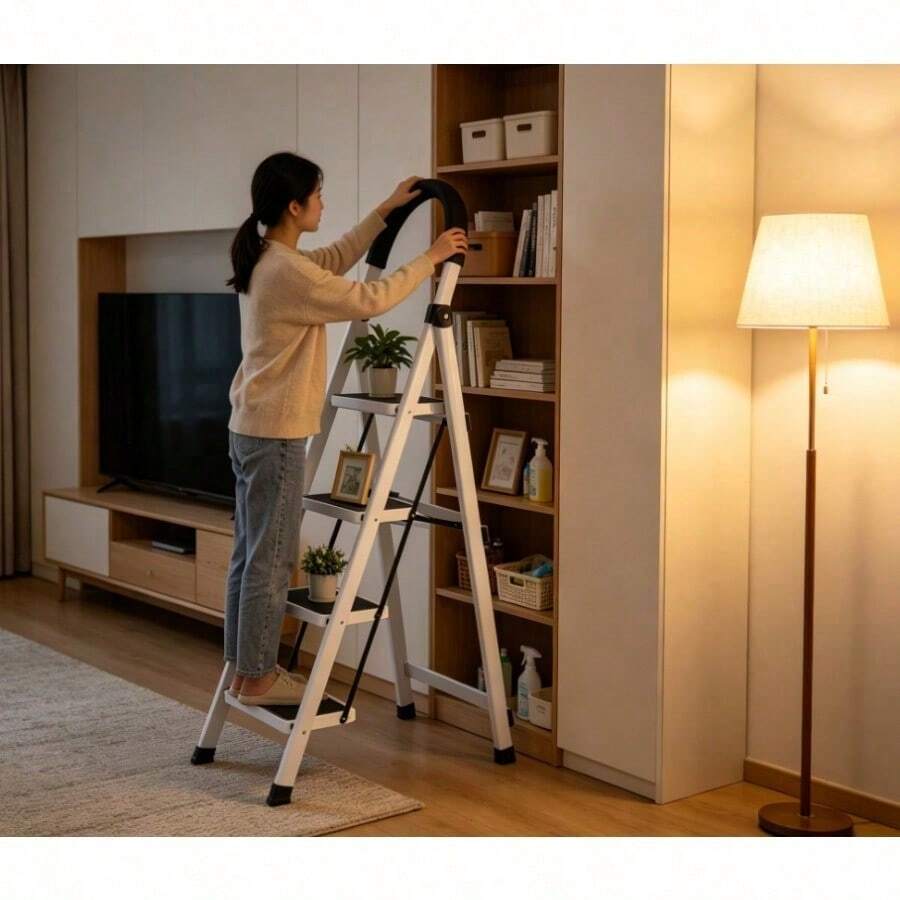 Escalera Telescópica de Acero de 4 Escalones, Color Blanco, Diseño Plegable y Compacto para Hogar, Ideal para Cocina, Armarios y Estantes, Estructura Estable, Resistente y Fácil de Guardar - Blanco - Ver 1
