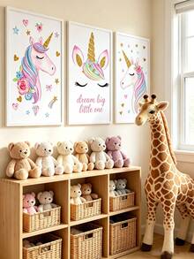 3pcs Canvas Wall Art Set, Frameless Waterproof Poster, Unicorn Rainbow Heart Star Print, Home Decor, Suitable For Children's Room Boys Girls Bedroom, Perfect Gift - Multicolor - View 1