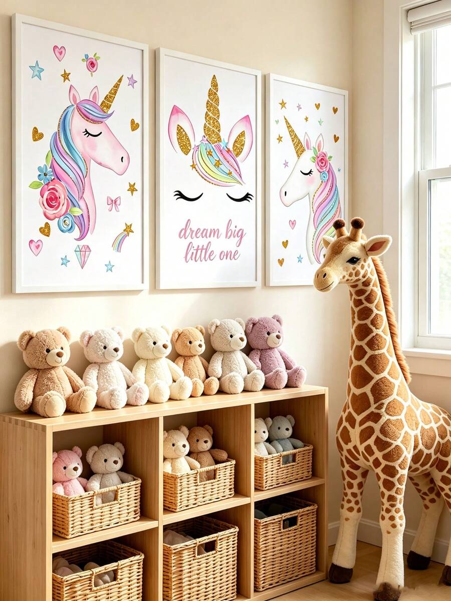 3pcs Canvas Wall Art Set, Frameless Waterproof Poster, Unicorn Rainbow Heart Star Print, Home Decor, Suitable For Children's Room Boys Girls Bedroom, Perfect Gift - Multicolor - View 1