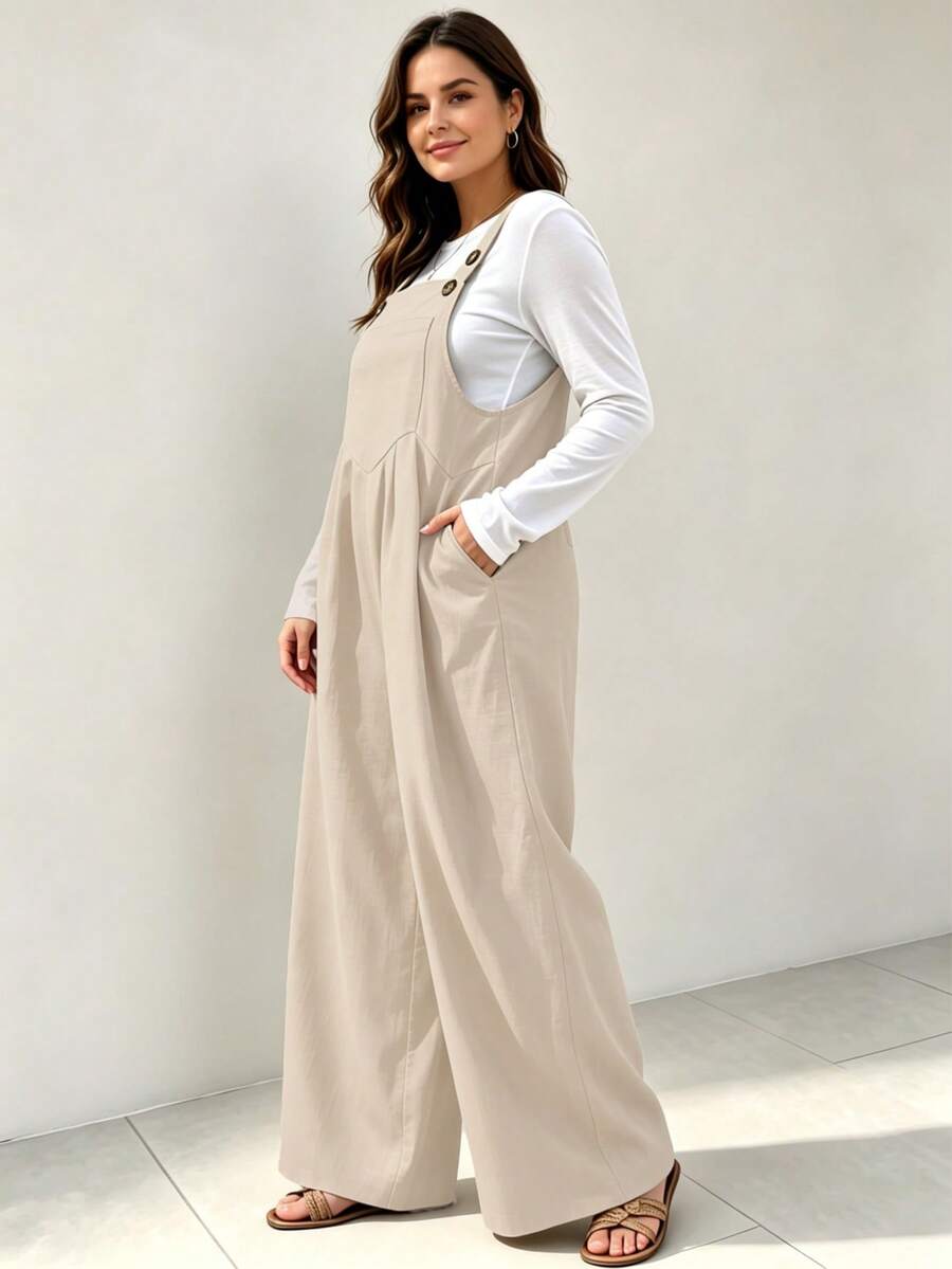 IGKEEL Plus Size Women's Pleated Wide Leg Casual Solid Color Jumpsuit With Pockets, Spring/Summer