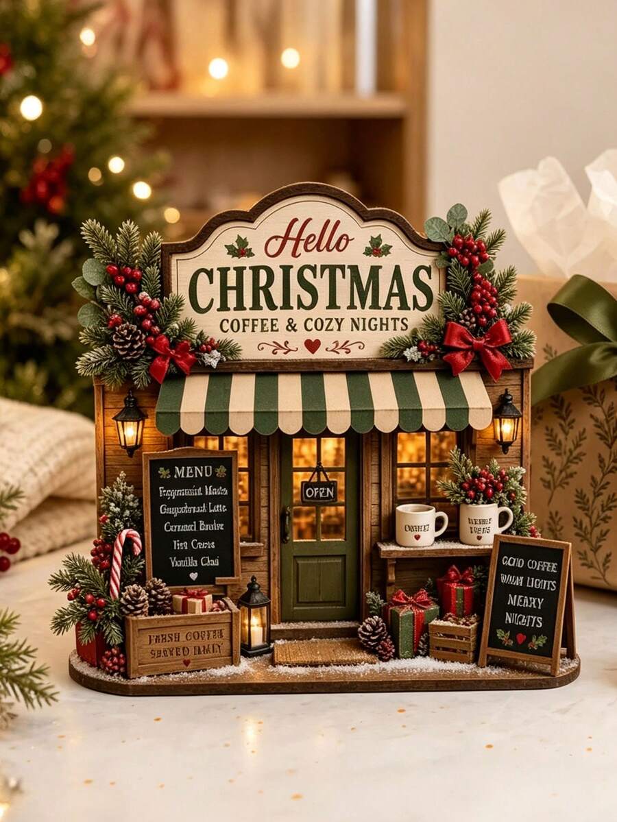 2D Christmas Coffee Shop Decor, Cozy Holiday Cafe Village Desktop Decoration, Rustic Winter Bookshelf Ornament, Gift For Coffee Lovers - Multicolor - View 1