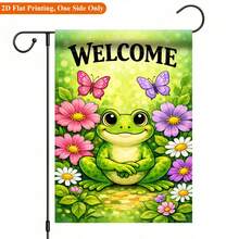 1pc 2D Garden Flag, Frog & Flower Butterfly Welcome Design Garden Flag - Single-Sided Print Outdoor Garden Home Decor, Holiday Decoration, Durable Polyester Material, 11.8x17.7 Inches, Flag Pole Not Included - A - View 7