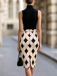 Vuslat Women's Autumn Colorblock Argyle High Waist Bodycon Slimming Midi Skirt, Suitable For Commute, Office, Shopping, Dating, Party, Back To School - Apricot - View 3