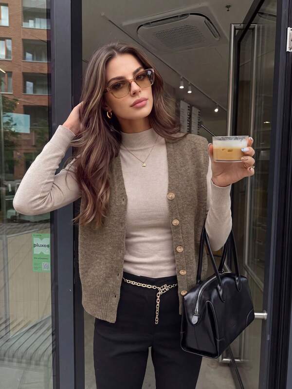 2026 Autumn/Winter Vintage V-Neck Knitted Vest For Women, Single-Breasted Metal Button Sleeveless Sweater Vest, Loose Fit Slimming Knit Cardigan, Commute Layering Inner/Outer Wear Versatile Camisole Top, Minimalist Elegant Petite Short Length Flattering Knit Vest, Gentle Style Casual Vintage Knit Outerwear