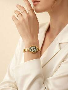 1pc Retro Leopard Print Design And Small Oval Ladies' Quartz Watch, In Gold Color, Suitable For Daily Wear, Party Occasions And As A Gift. - Gold - View 3
