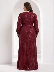 YISIKADO Sequin V-Neck Long Sleeve Ball Gown Evening Dress With High Slit Mermaid Tail - Burgundy - View 2